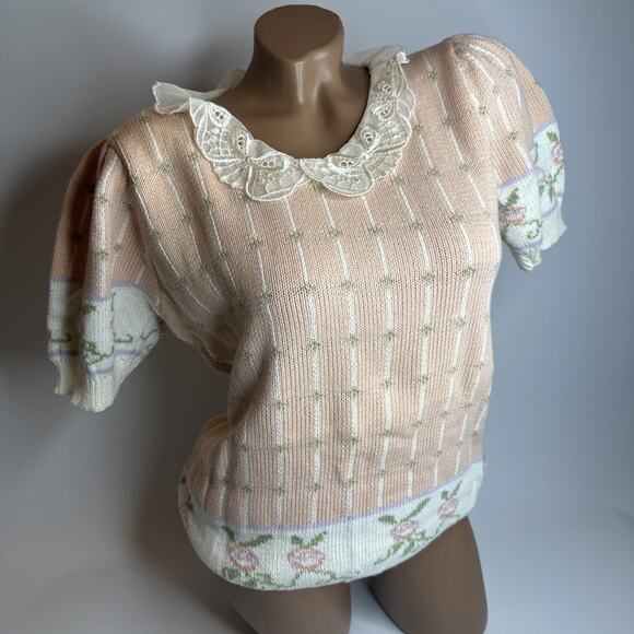 Vintage Sweater Loft Floral Pink Lace Short Sleeve Sweater L Grandma Cottage - Picture 1 of 12